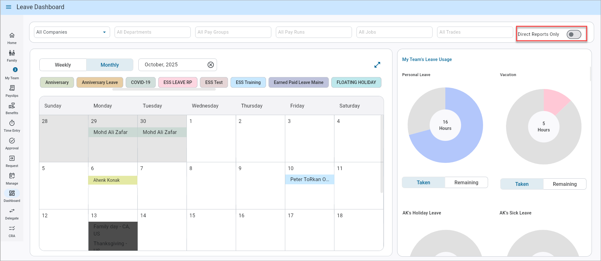 Screenshot of Leave Dashboard in monthly view.