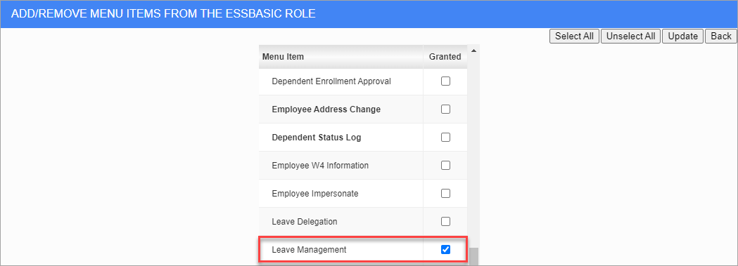 Screenshot of ESS Role Maintenance screen.