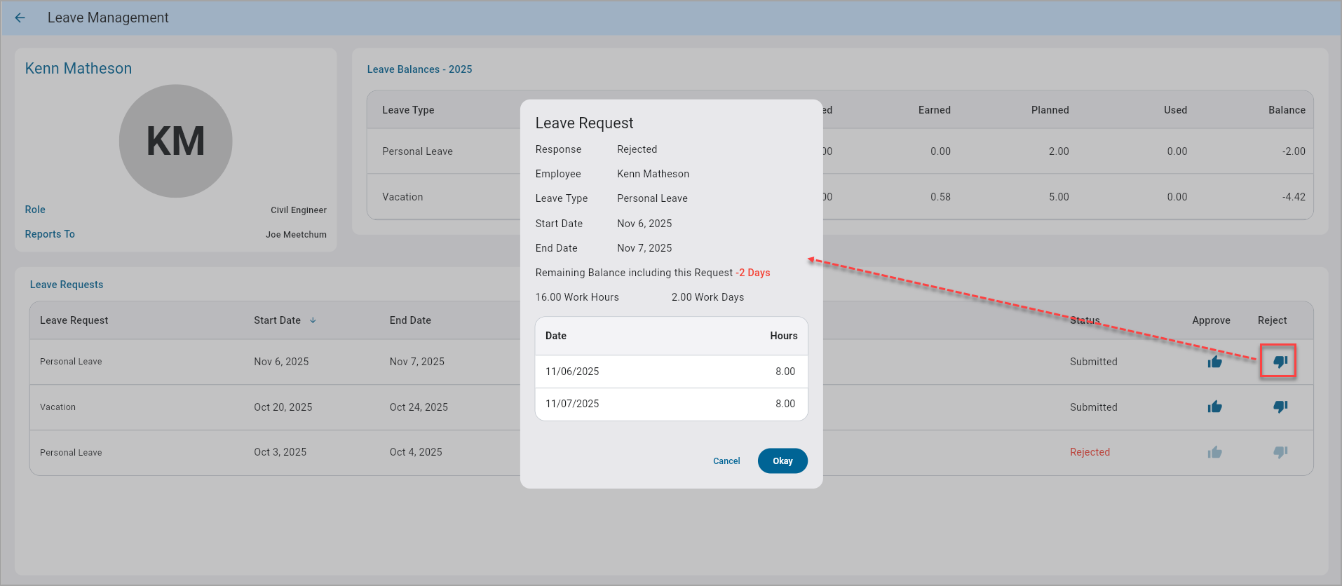 Screenshot of Leave Management.