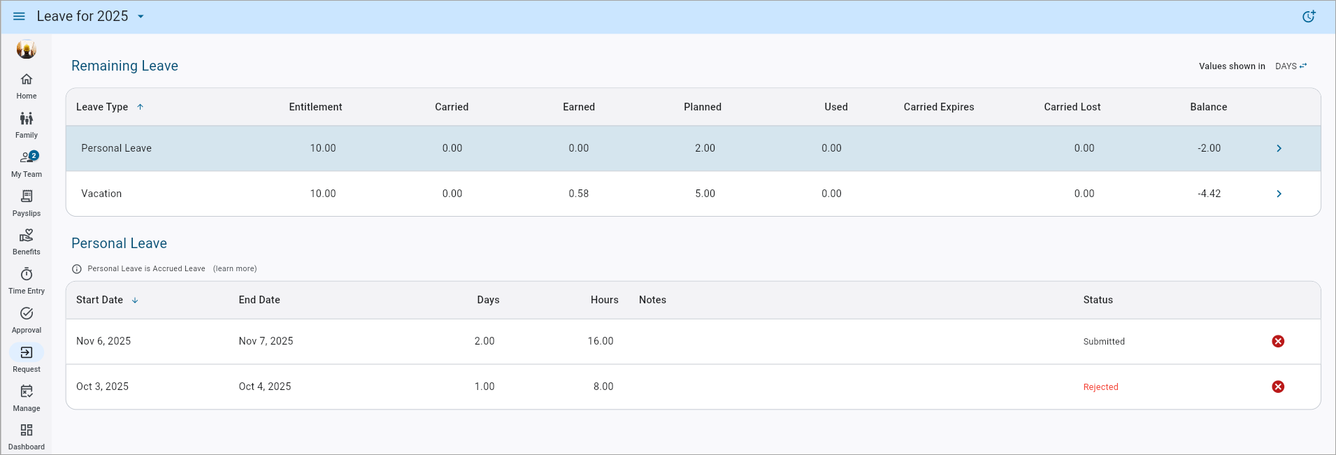 Screenshot of Leave Request.