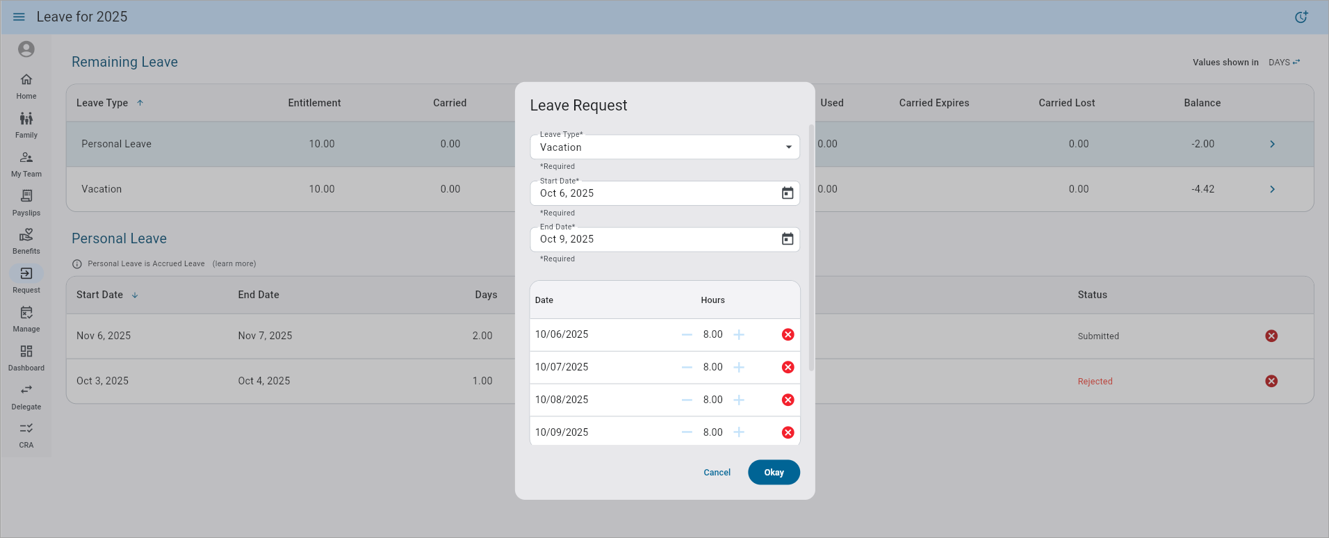 Screenshot of Leave Request.
