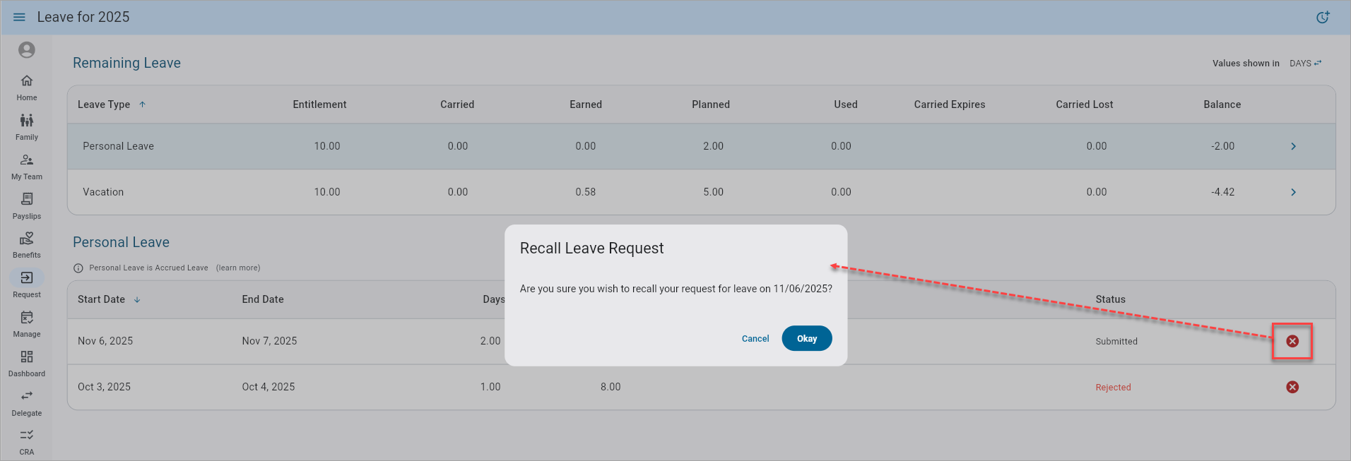 Screenshot of Leave Request.