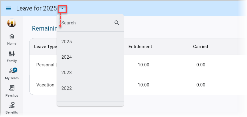 Screenshot of Leave Request with year drop-down.
