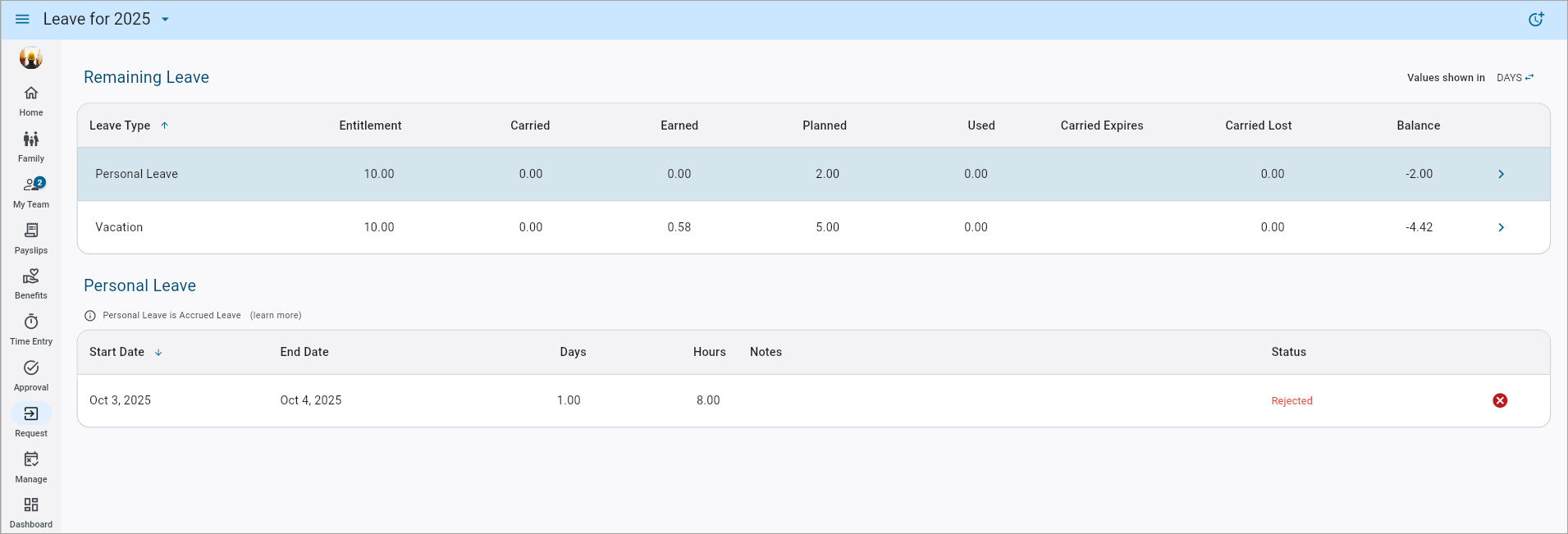 Screenshot of Leave Request.