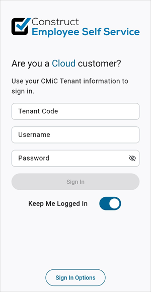 Screenshot of Construct ESS Cloud Login page.