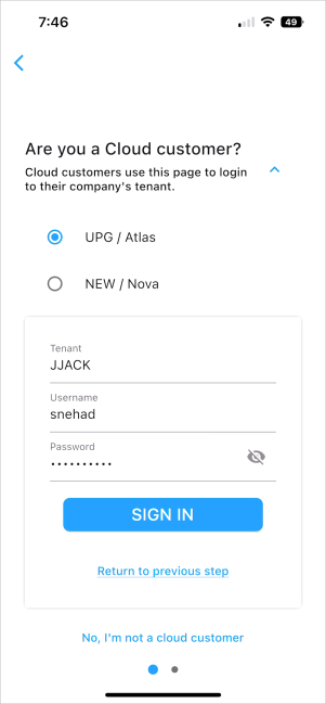 Screenshot of Contruct ESS Login screen for Cloud.