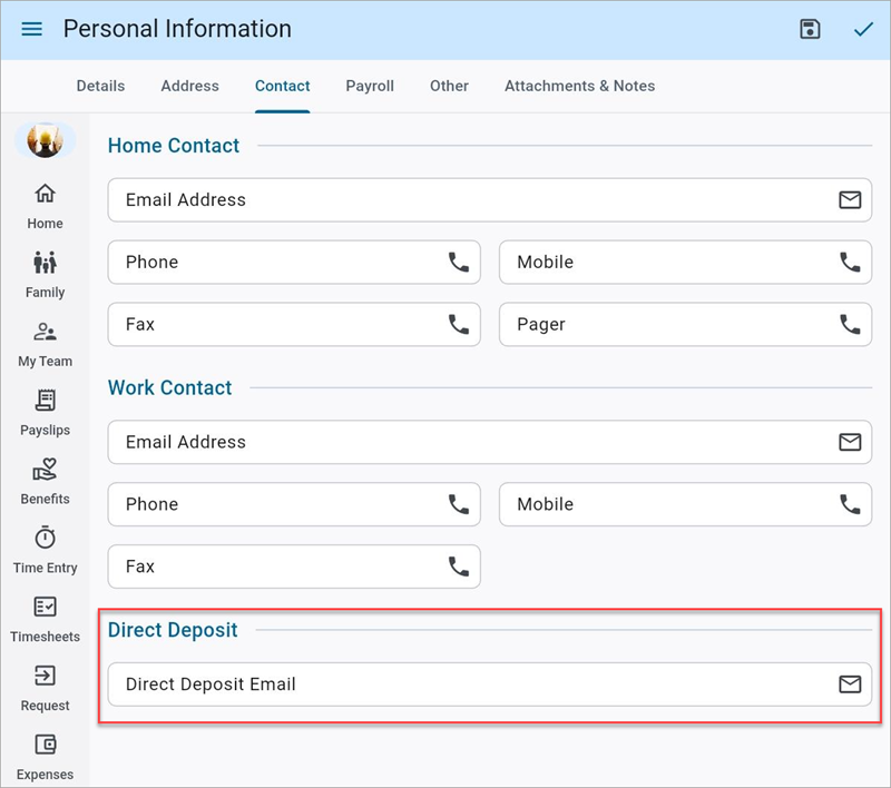 Screenshot of Contact tab on Personal Information with Direct Deposit field highlighted.