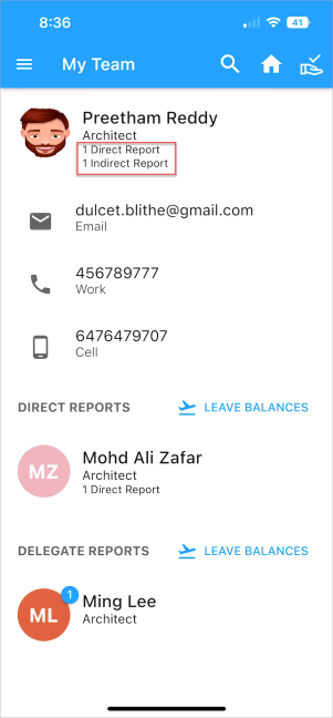 Screenshot of My Team showing indirect reports.