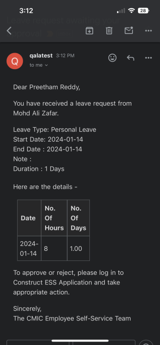 Screnshot of leave request email.