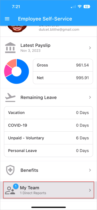 Screenshot Construct ESS app with leave request showing in a badge under My Team.