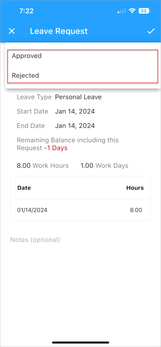 Screenshot of leave request with Approved and Rejected options available.