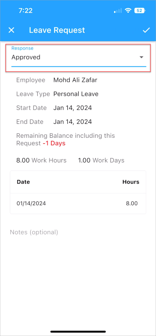 Screenshot of approved leave request.