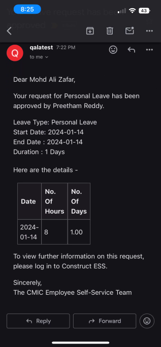 Screenshot of email sent to employee regarding leave request.