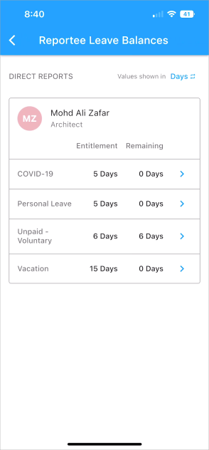 Screenshot of Reportee Leave Balances.