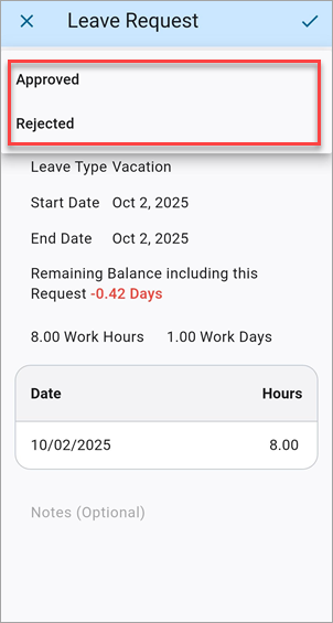 Screenshot of leave request with Approved and Rejected options available.