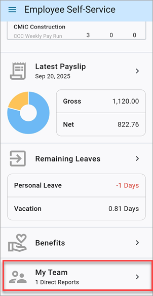 Screenshot of Construct ESS app with My Team menu option highlighted.
