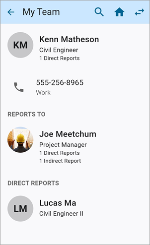 Screenshot of My Team screen team member record selected.
