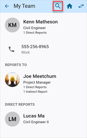 Screenshot of My Team screen with Search field highlighted.