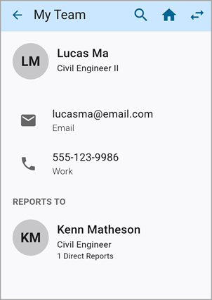 Screenshot of My Team screen with employee record being displayed.