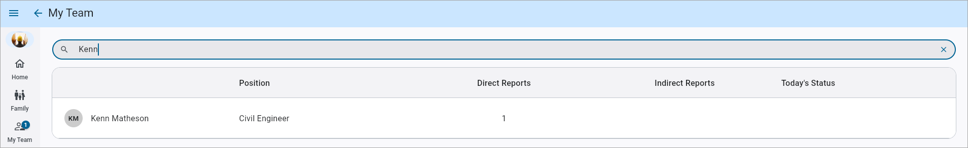 Screenshot of My Team screen with Search field highlighted.