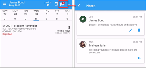 Screenshot of Timesheet Entry with Notes icon highlighted.