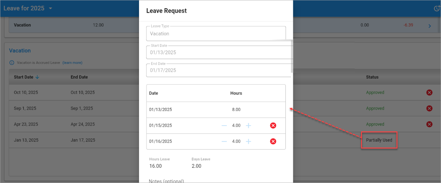 Screenshot of Leave Management with Partially Used status highlighted.