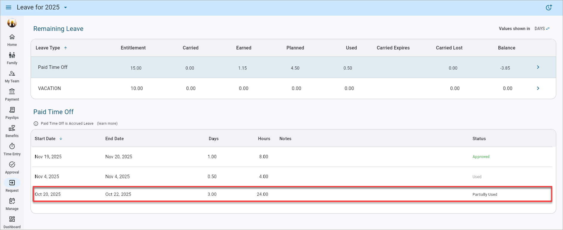 Screenshot of Leave Management with Partially Used status highlighted.