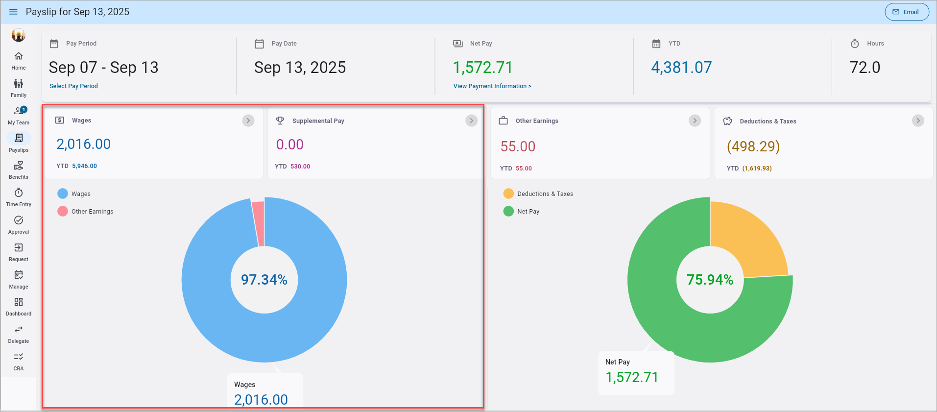 Screenshot of Payslip with first pie chart highlighted.
