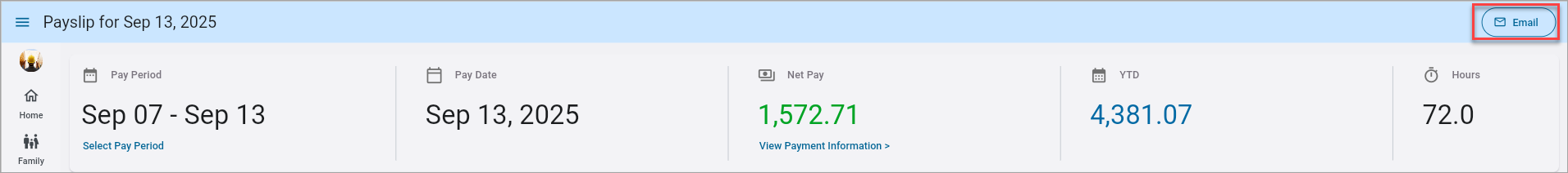 Screenshot of Payslip Details section with [Email] button highlighted.
