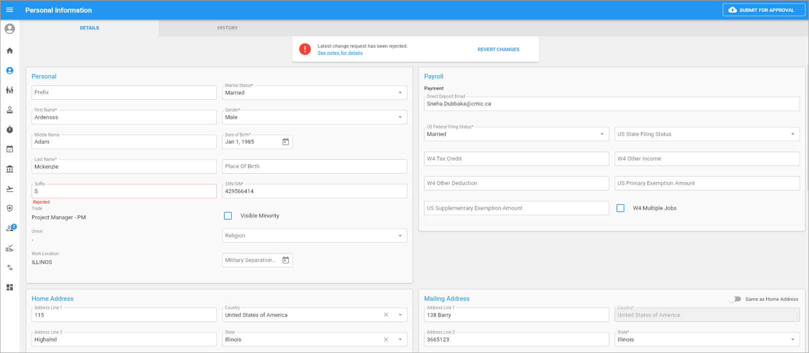 Screenshot of Personal Information with Rejected status.