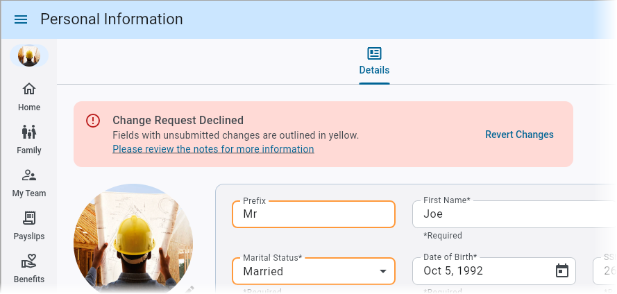 Screenshot of Personal Information with Rejected message.