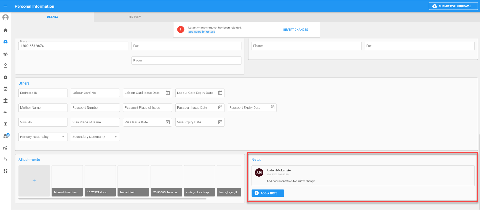Screenshot of Personal Information with Notes section highlighted.