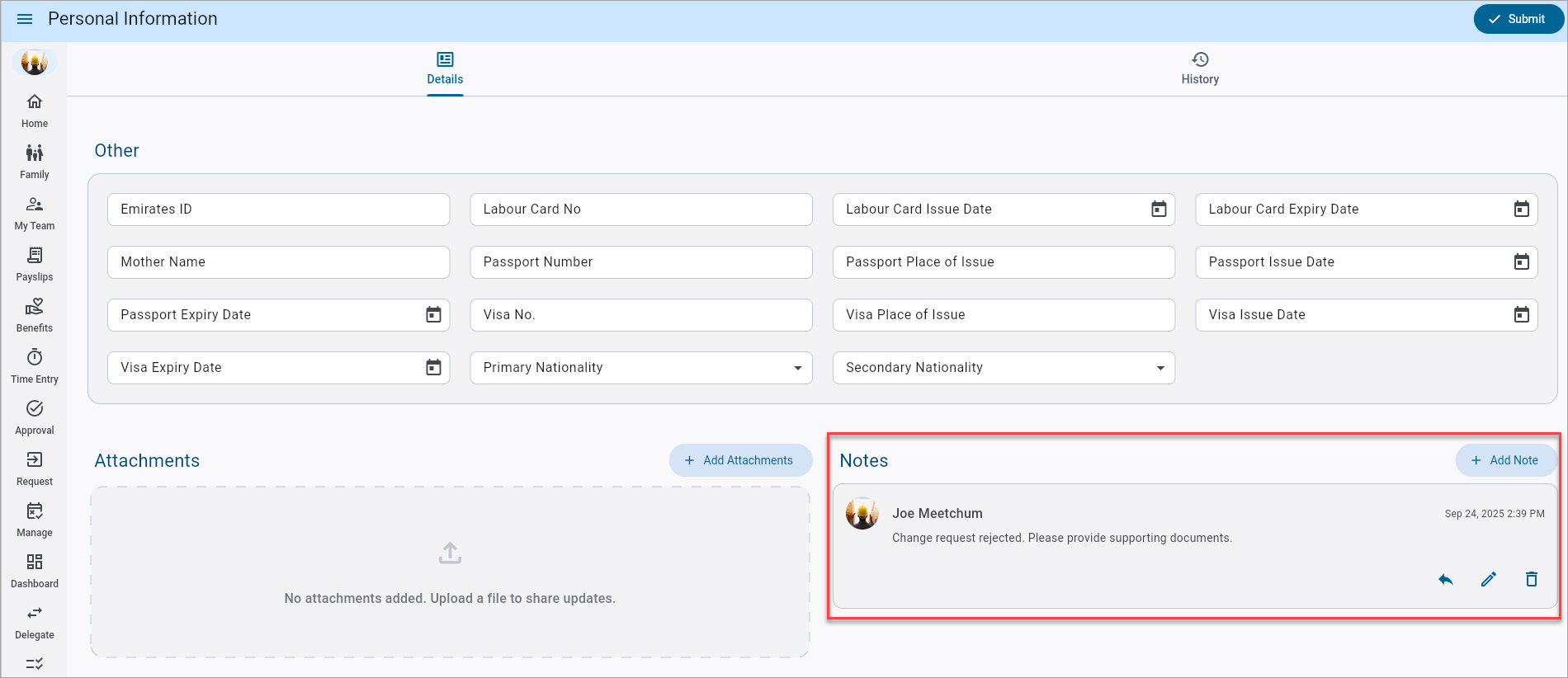 Screenshot of Personal Information with Notes section highlighted.