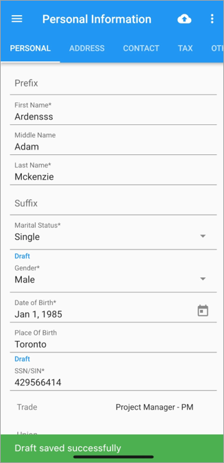 Screenshot of Personal Information with draft saved message.
