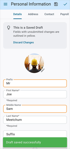 Screenshot of Personal Information with draft saved message.