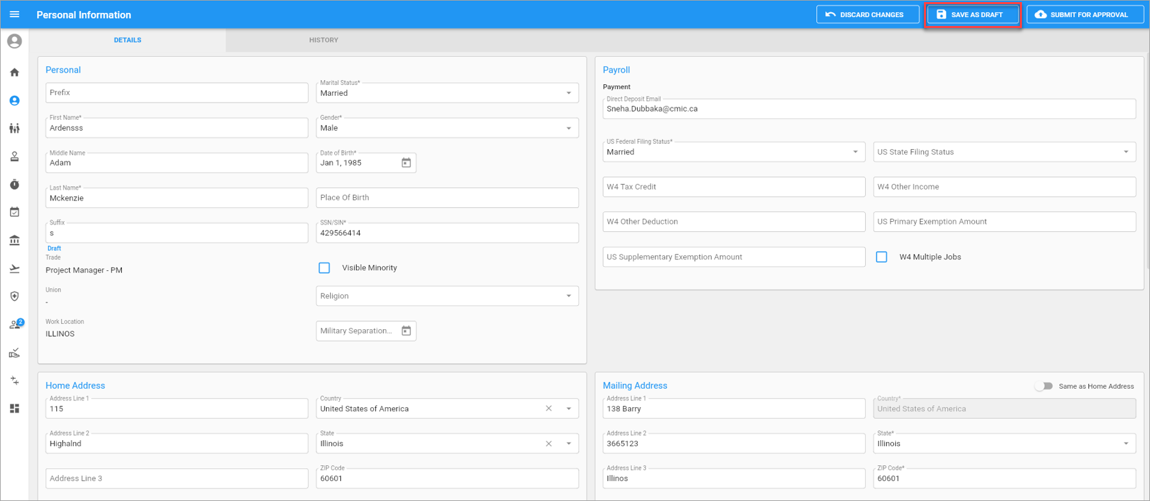 Screenshot of Personal Information with draft saved message.