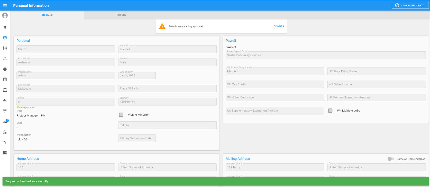 Screenshot of Personal Information with fields with "Pending Approval" label.