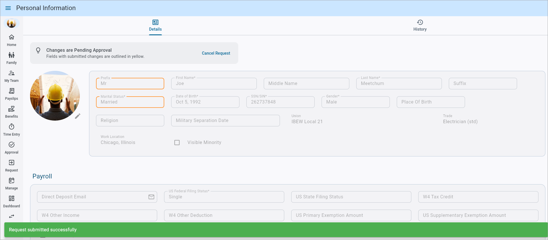 Screenshot of Personal Profile with changes pending approval.