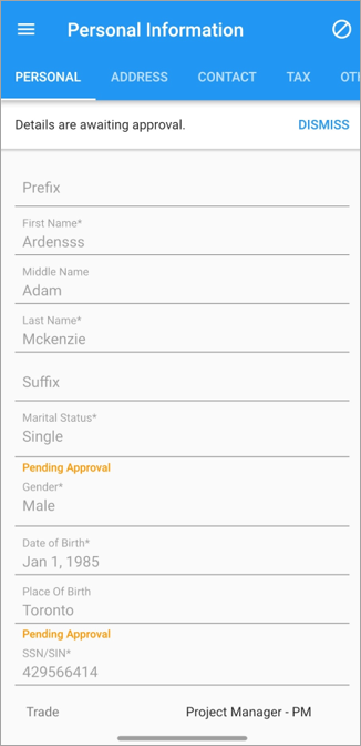 Screenshot of Personal Information with fields with "Pending Approval" label.