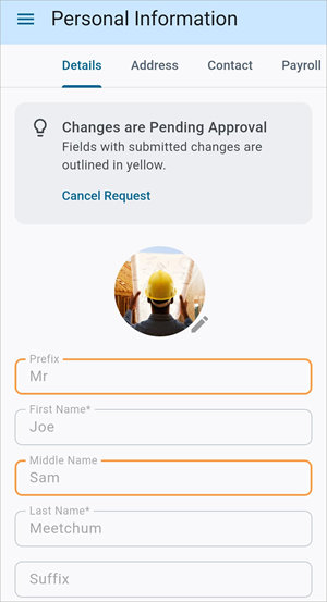 Screenshot of Personal Information with changes pending Approval.
