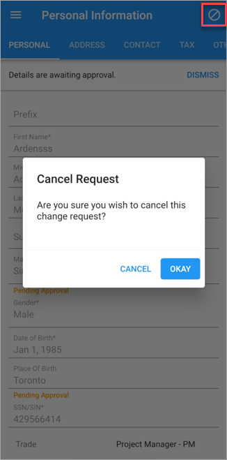 Screenshot of Personal Information with Cancel Request pop-up.