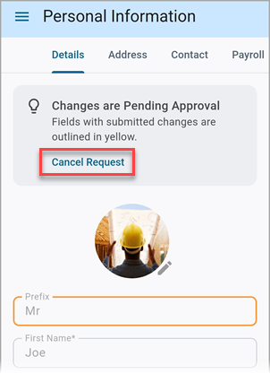 Screenshot of Personal Information with Cancel Request link.