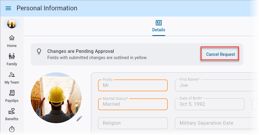 Screenshot of Personal Information with Cancel Request link.