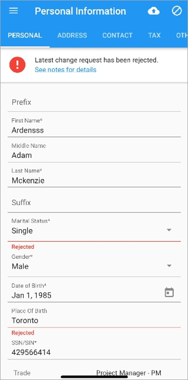 Screenshot of Personal Information with Rejected status.