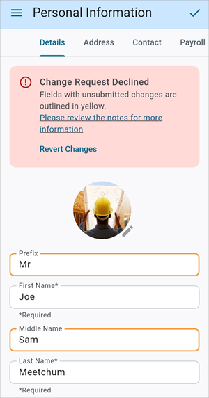 Screenshot of Personal Information with Rejected message.