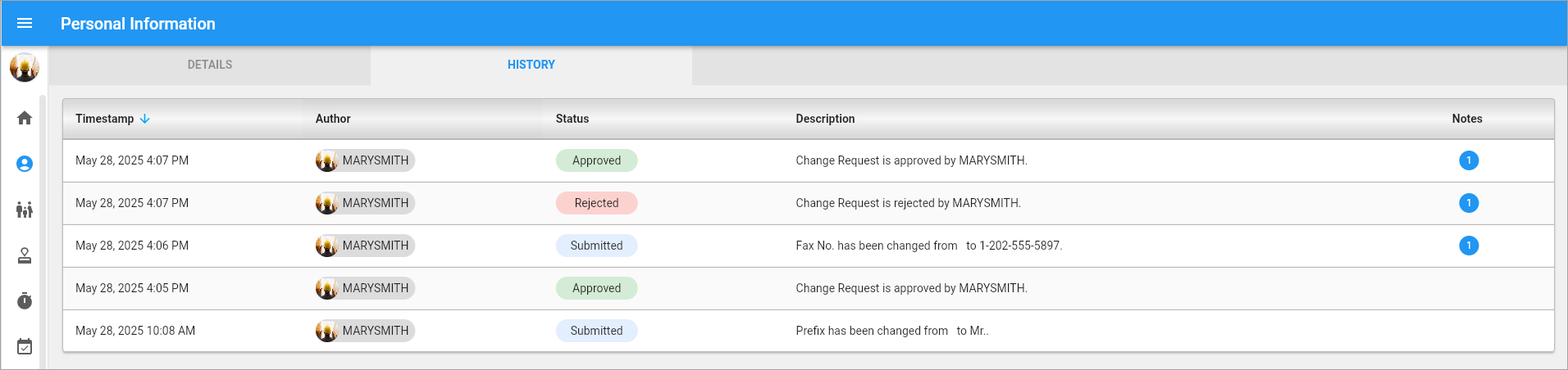 Screenshot of Personal Information - History tab.