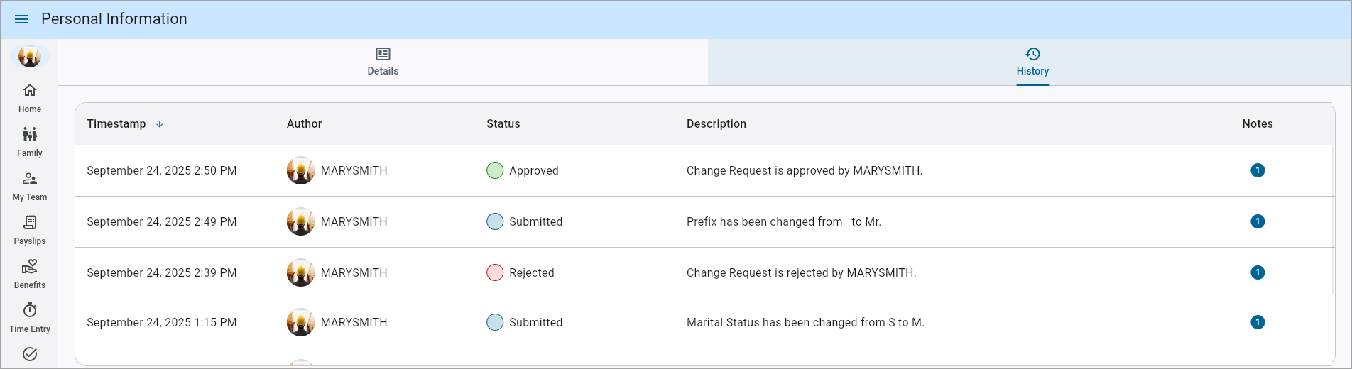 Screenshot of Personal Information - History tab.