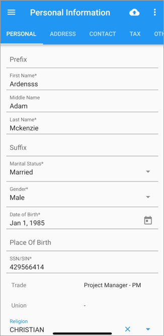 Screenshot of Personal Information.