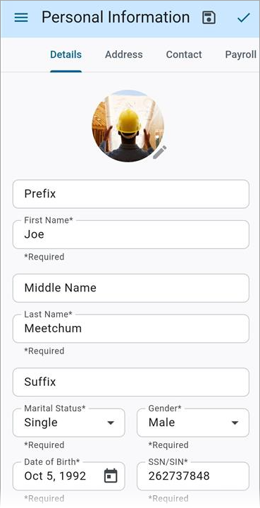 Screenshot of Personal Information.