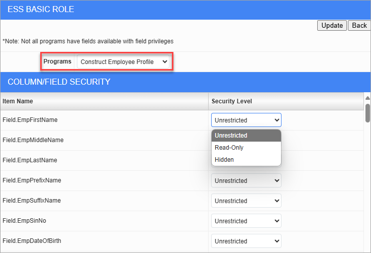 Screenshot of Role Maintenance with Construct Employee Profile program selected.